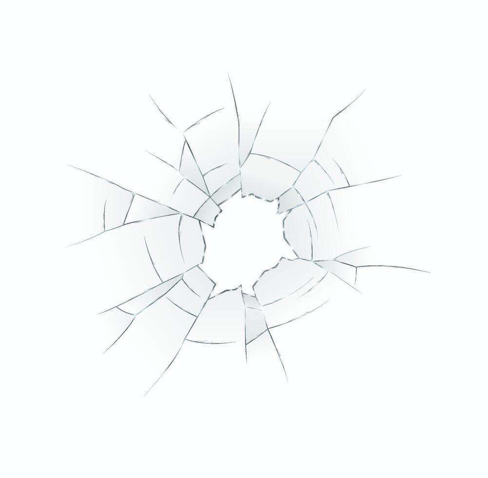 Illustration of a cracked surface with jagged radial fracture lines emanating from the center. The white and gray colors highlight the broken structure and draw attention to the central point. vector