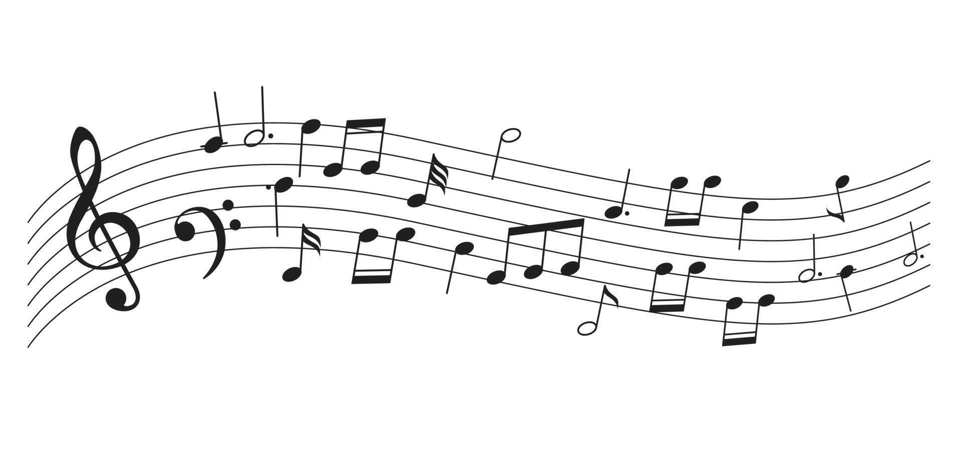 Illustration of musical notes gracefully flowing across a staff. The black notes and treble clef create a dynamic sense of rhythm and harmony. vector