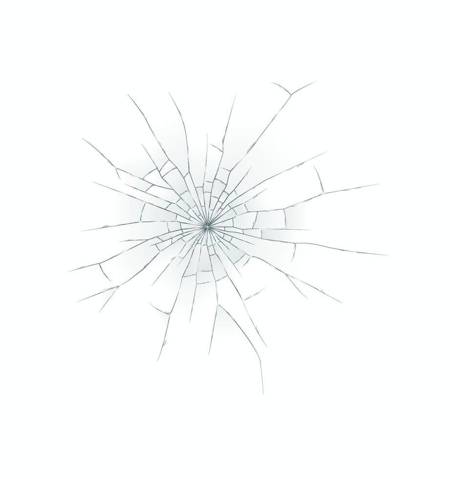 Illustration of circular shattered glass pattern creating spider web effect isolated on white background. Detailed fracture lines radiate outward from center. vector