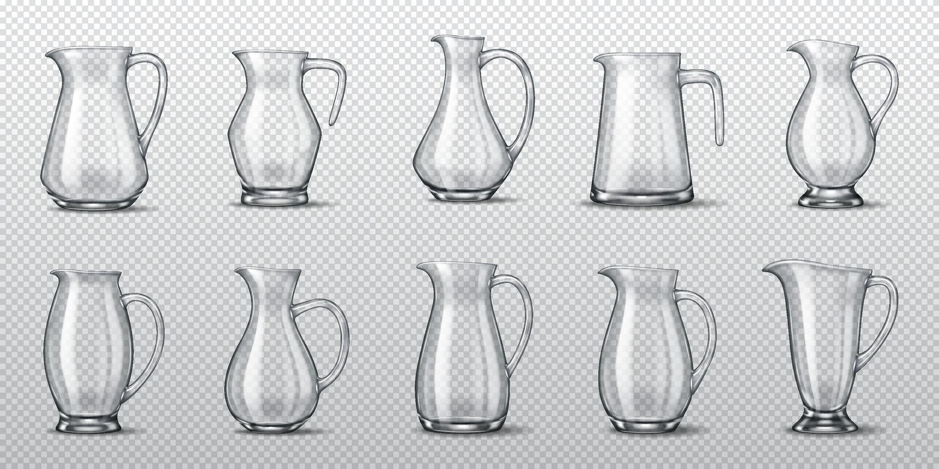 Collection of ten glass jugs with different shapes and designs in a realistic 3D rendering. High-detail reflections and transparency make them perfect for design projects. vector