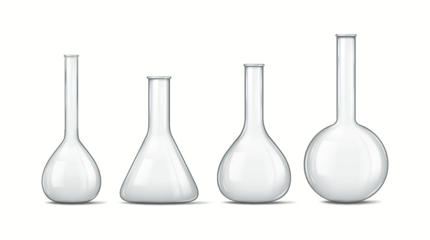 Illustration features four types of laboratory glass vessels with elegant curves and varying shapes, used for scientific experiments and research applications. vector