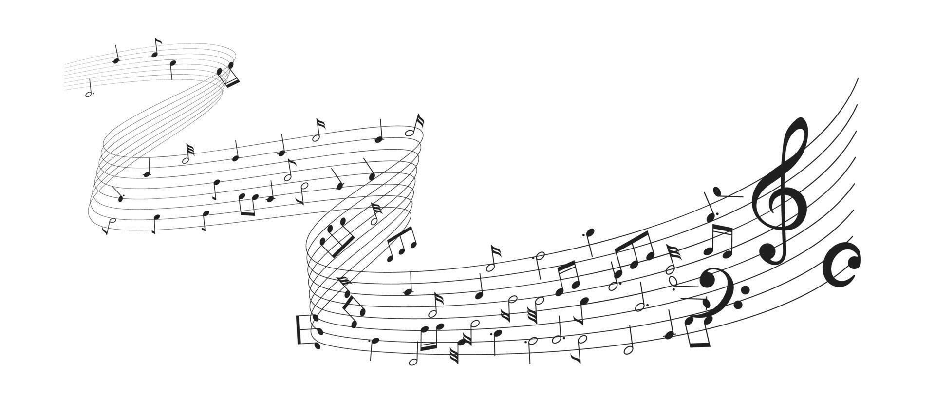 Illustration of flowing musical notes on curved staff lines. Diverse symbols and notes create a dynamic representation of melody and harmony. vector