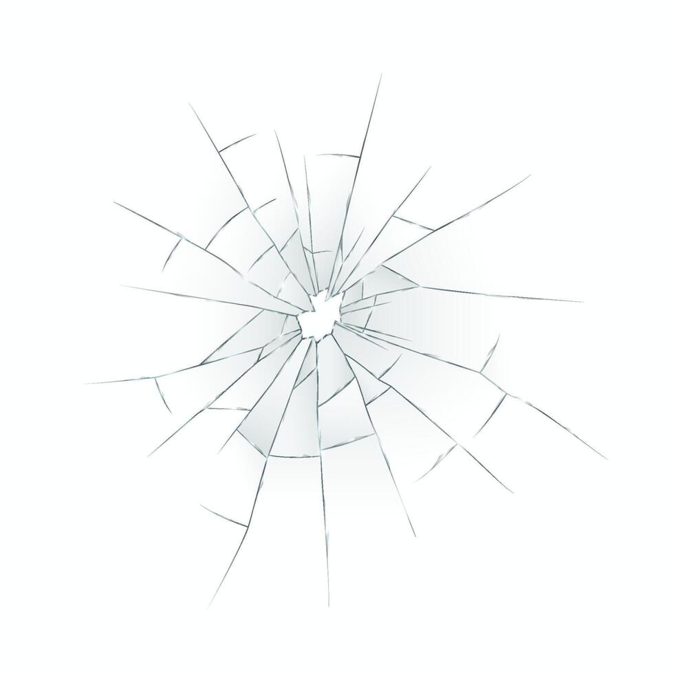 Illustration showing a detailed view of shattered glass with intricate cracks radiating from a central point. The artwork emphasizes fragility and impact dynamics. vector
