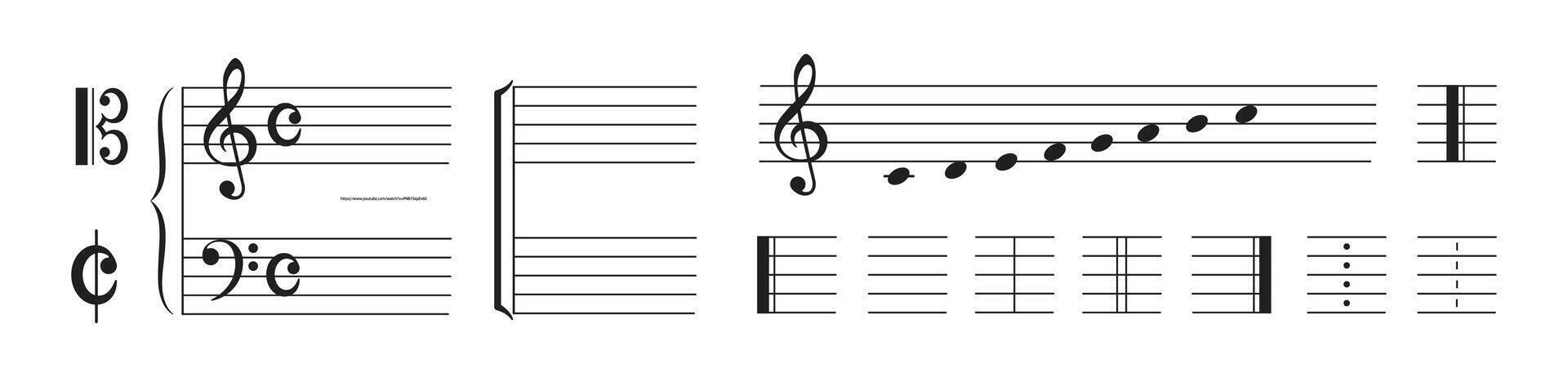 Illustration featuring various musical notations including treble and bass clefs, time signature, notes on staff lines, and bar lines in a linear arrangement. vector