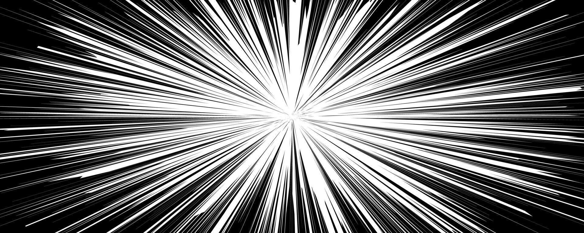 Monochrome artwork depicting abstract starburst pattern with white lines radiating from a central point on black background conveying dynamic energy. vector