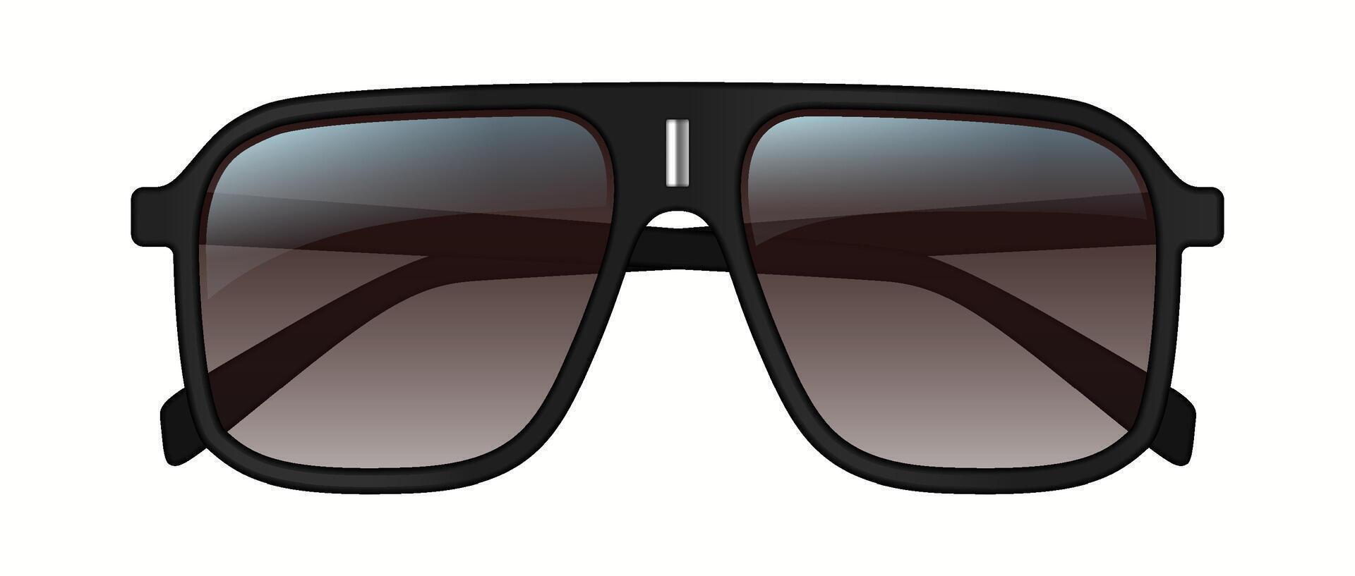 Illustration of sleek black sunglasses featuring dark gradient lenses. Design showcases modern aesthetics with a minimalistic frame ideal for fashion enthusiasts. vector