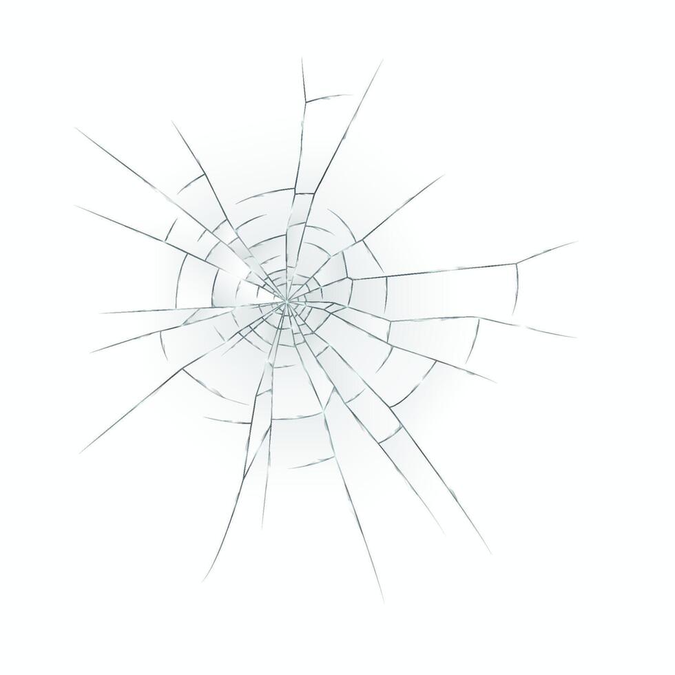 Illustration shows a realistic shattered glass pattern with intricate cracks radiating outward from center. Ideal for design projects or backgrounds. vector