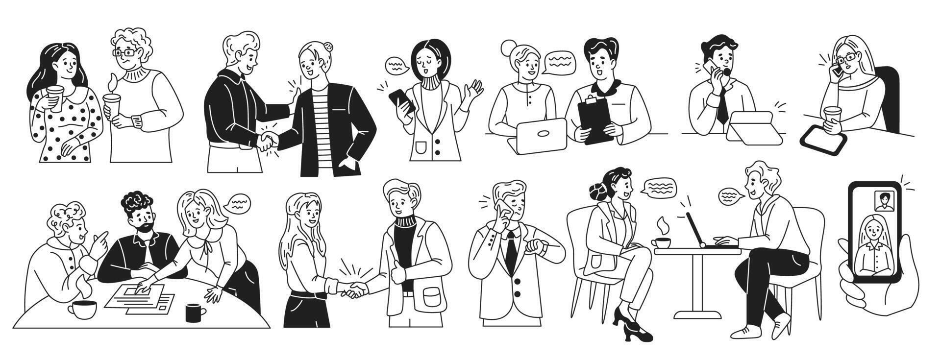 Business people engaging in activities linear icons collection. Showing diverse workplace interactions doodle characters set on white background vector