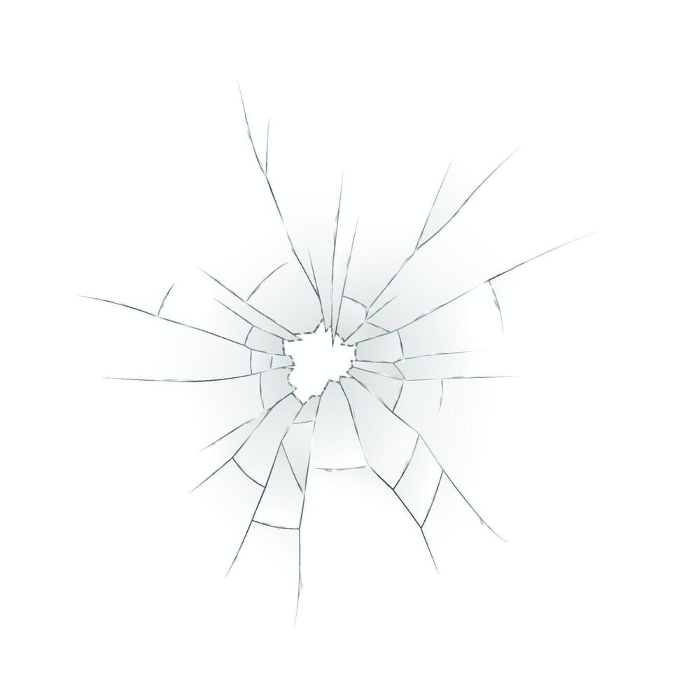 Illustration of a round crack formed in glass surface. Jagged lines radiating from center create striking visual effect on white background. vector