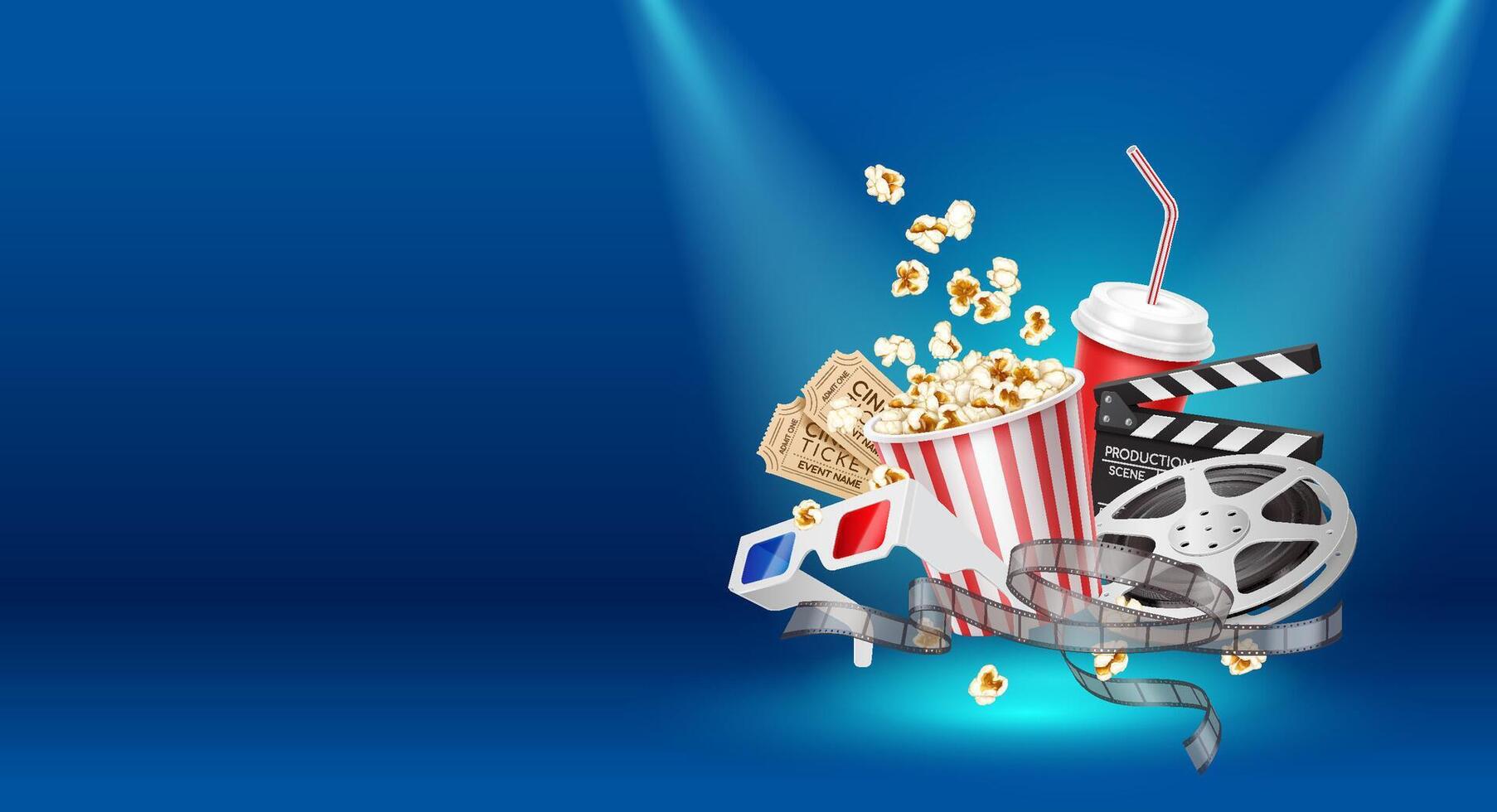 Copy space banner. Illustration of floating 3D realistic cinema objects including a popcorn bucket, tickets, clapperboard, soda, and film reel on a dramatic blue background. vector