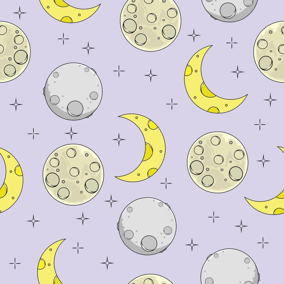 seamless pattern with a theme of various moon shapes on a light purple background vector