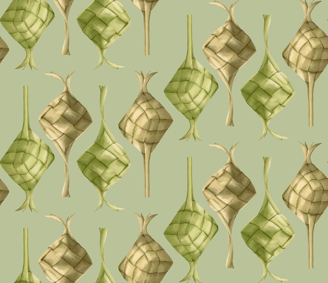 Pattern of eid mubarak or ramadan food or ketupat with watercolor painting style on shade of green color for background and print. vector