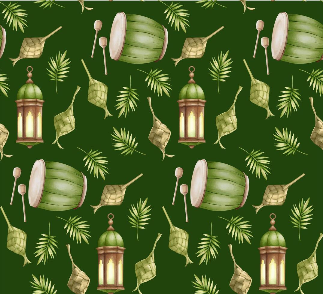 Islamic pattern for ramadan and eid al fitr with bedug, lantern and ketupat as a symbol of holy month of Islam. Isolated on green background. vector