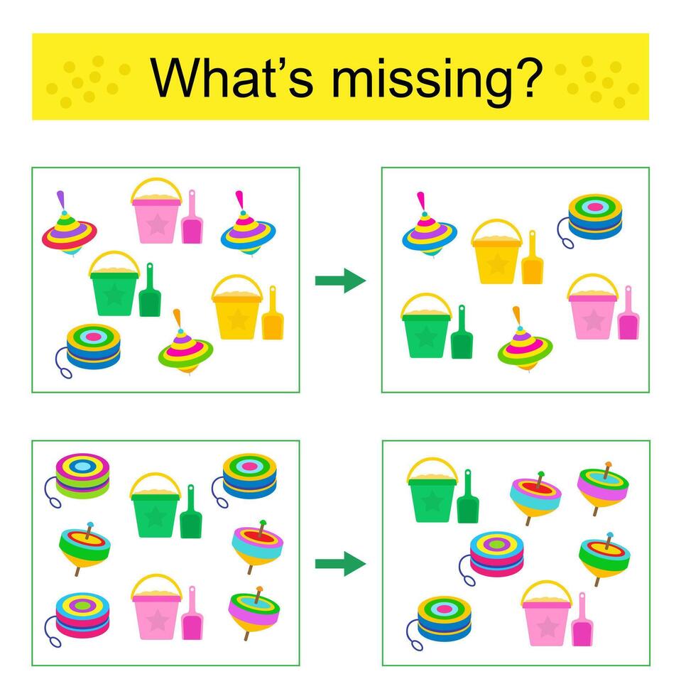 Puzzle game. Find the missing object. Cartoon toys. vector
