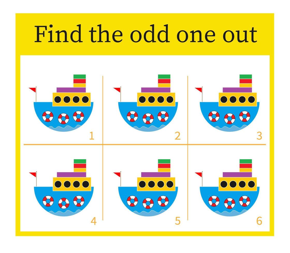 Puzzle game for children. Attention task. Kids activity page. Cartoon ship. Answer is 4. vector