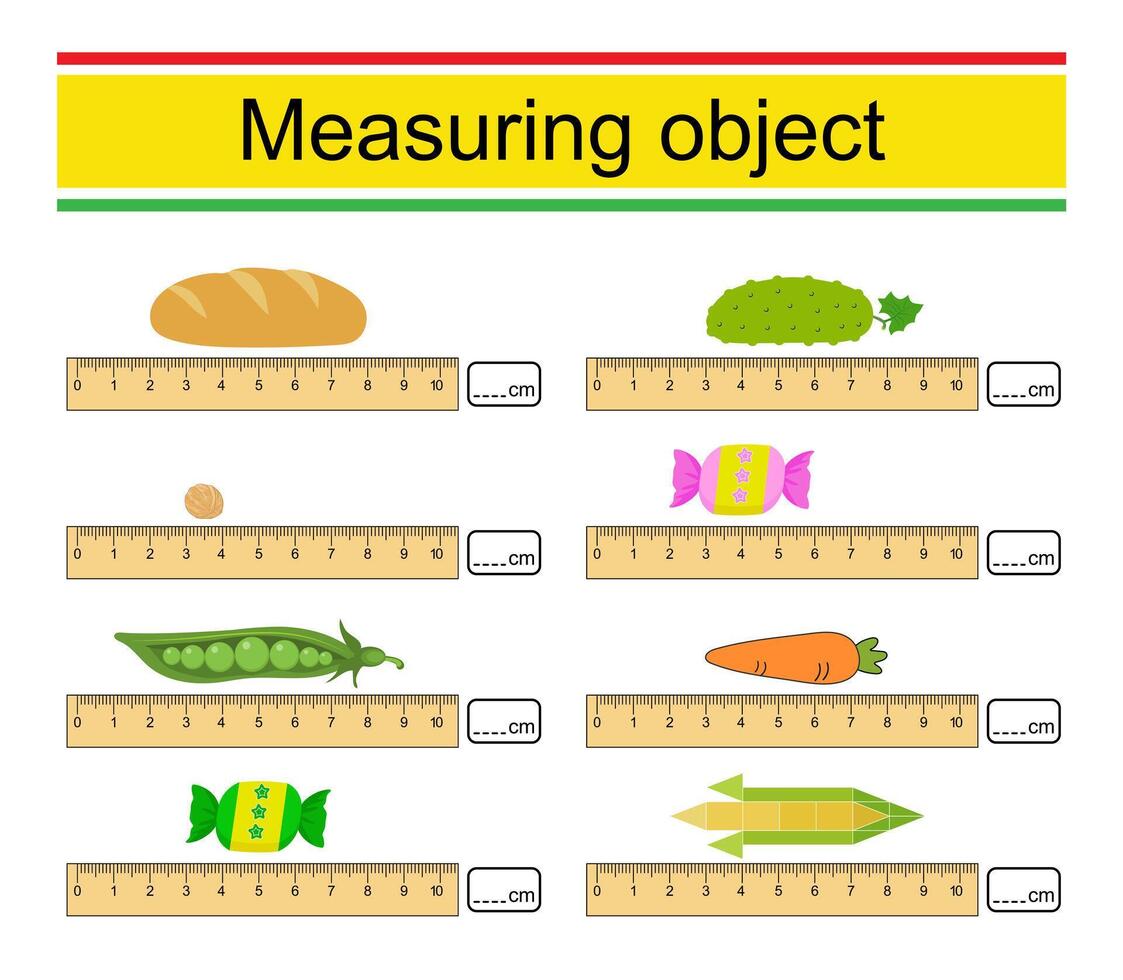 Worksheet for preschool kids. Measuring the length of objects with a ruler. vector