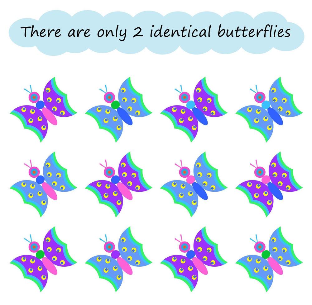 Fun puzzle game for kids. Need to find 2 identical butterflies. Task for development of attention and logic. vector