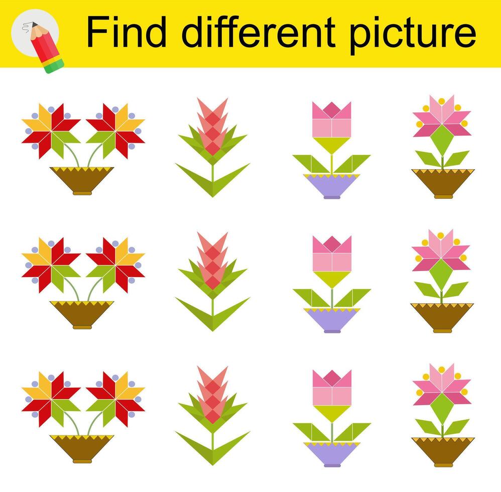 Fun puzzle game for children. Find the odd one in the group. illustration of cartoon flowers vector