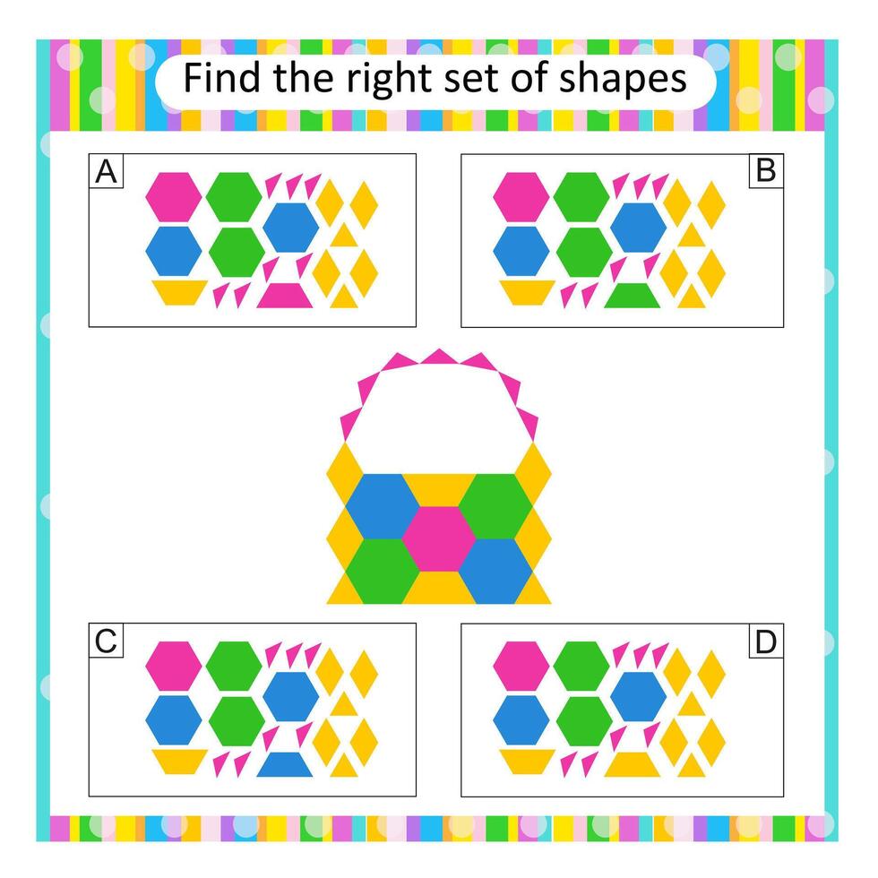 Logic puzzle for kids. Find the correct set of cartoon wicker basket. Answer is D. vector