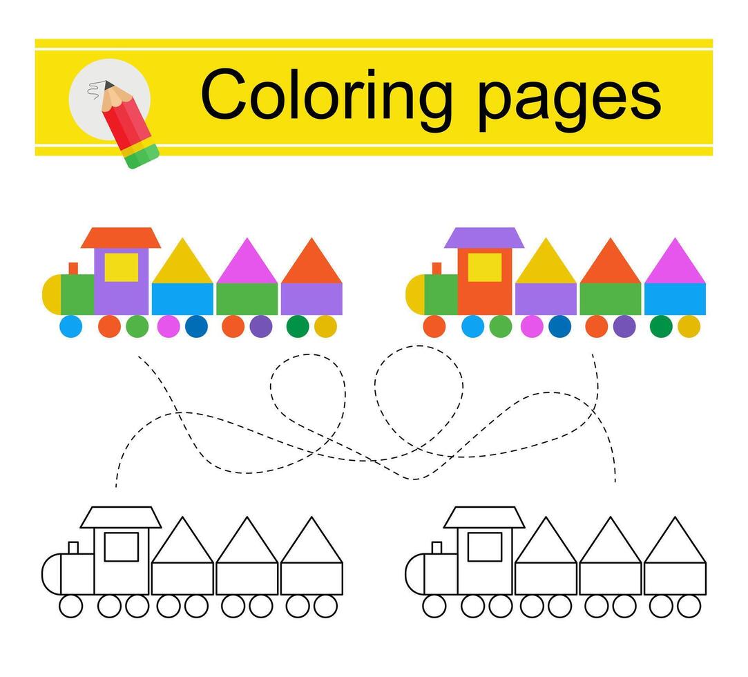 Educational game for kids. Go through the maze and color a cartoon train according to the pattern. vector