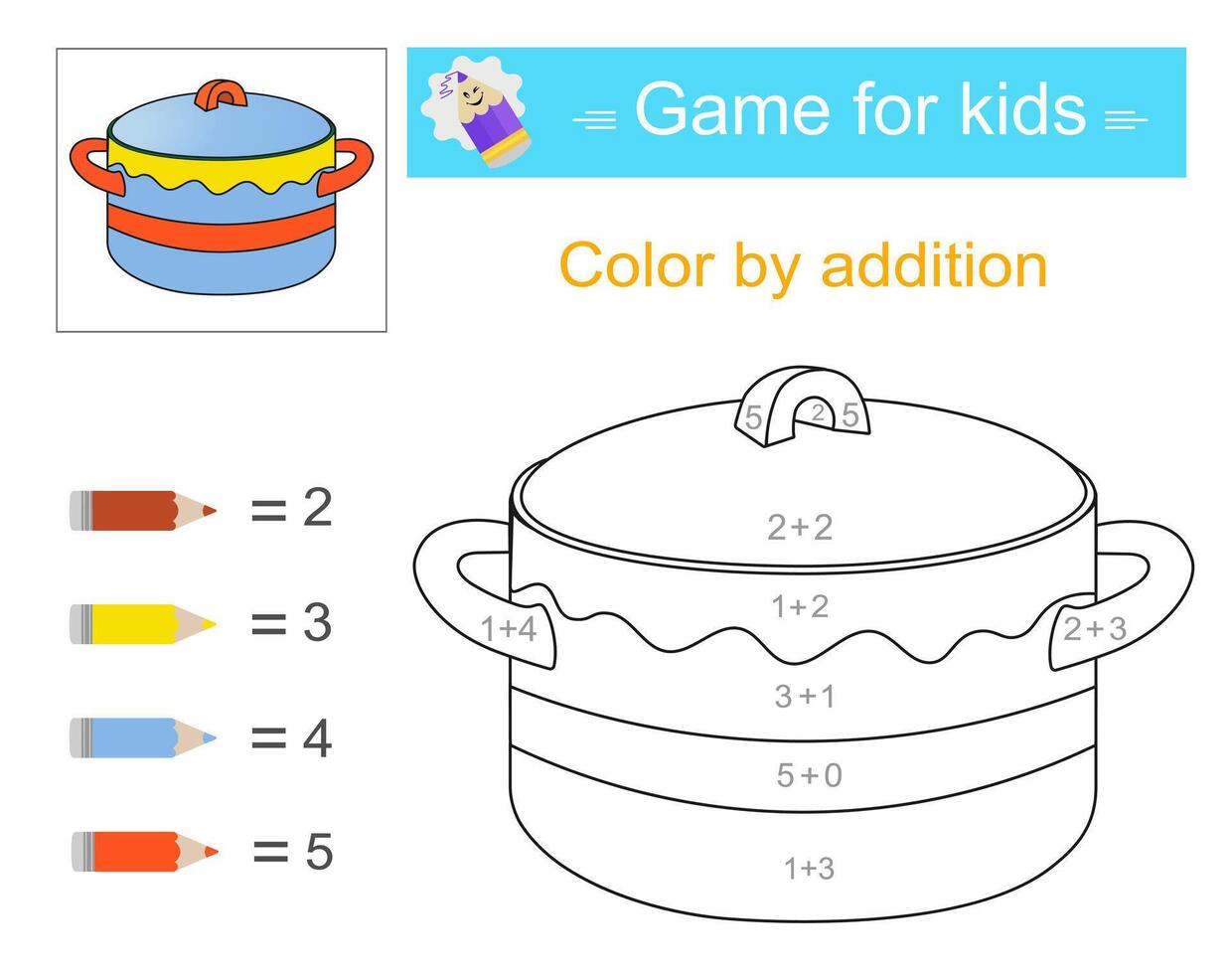 Color by addition. Math activity for kids. Developing numeracy skills. Number range up to 10. illustration vector