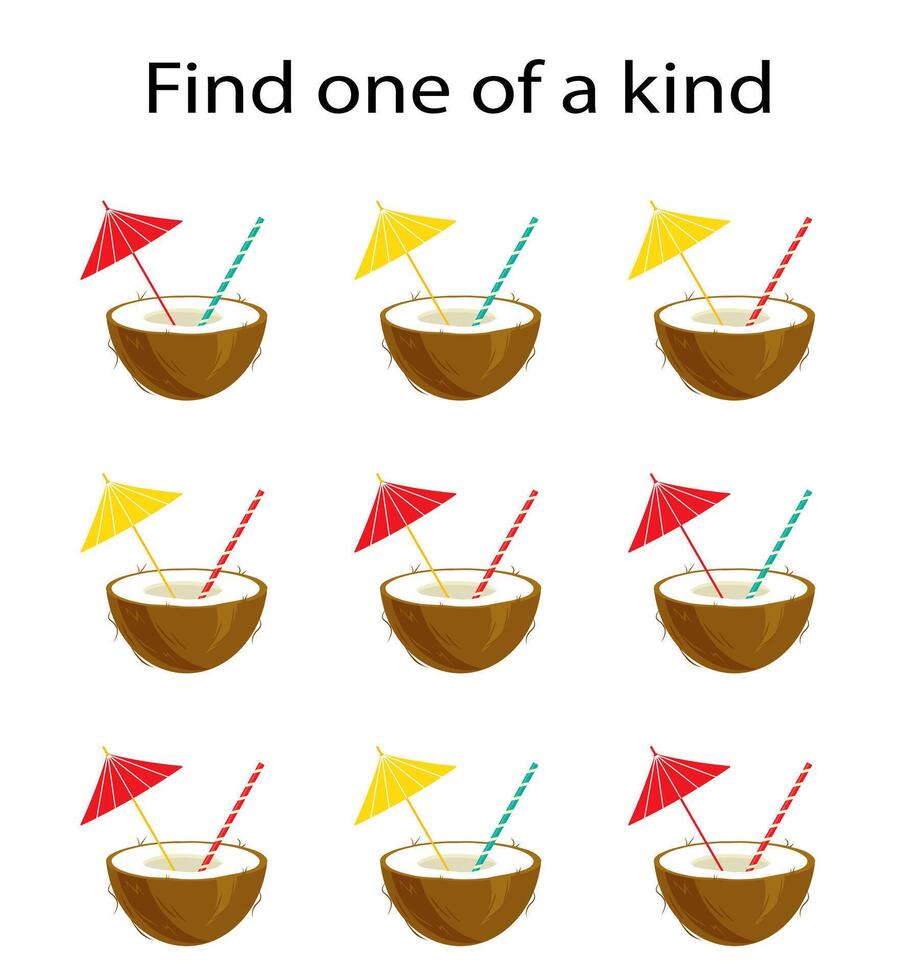 Task for development of attention and logic. Need to find one of a kind coconut. Kids activity page. vector