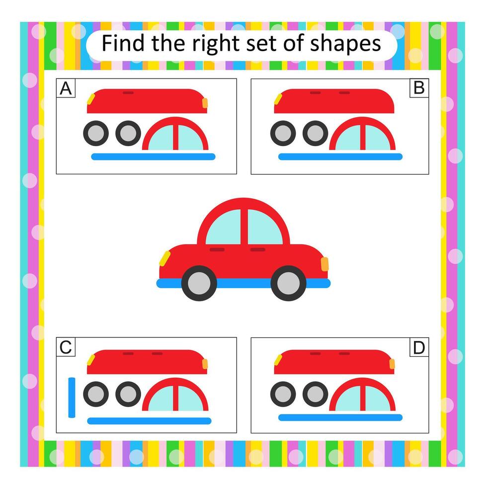 Logic puzzle for children. Find the correct set of cartoon car. Preschool worksheet activity. Answer is D. vector