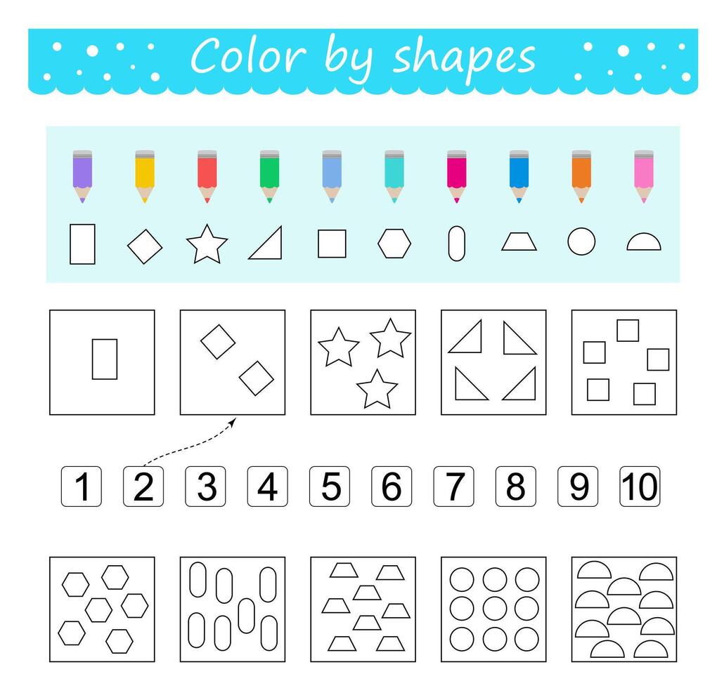 Coloring pages. Color by shapes. Learn numbers with geometric shapes. illustration for children education. Flat design vector