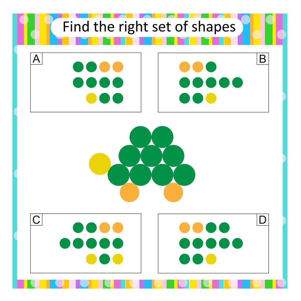 Logic puzzle for children. Find the correct set of cartoon turtle. Answer is D. vector