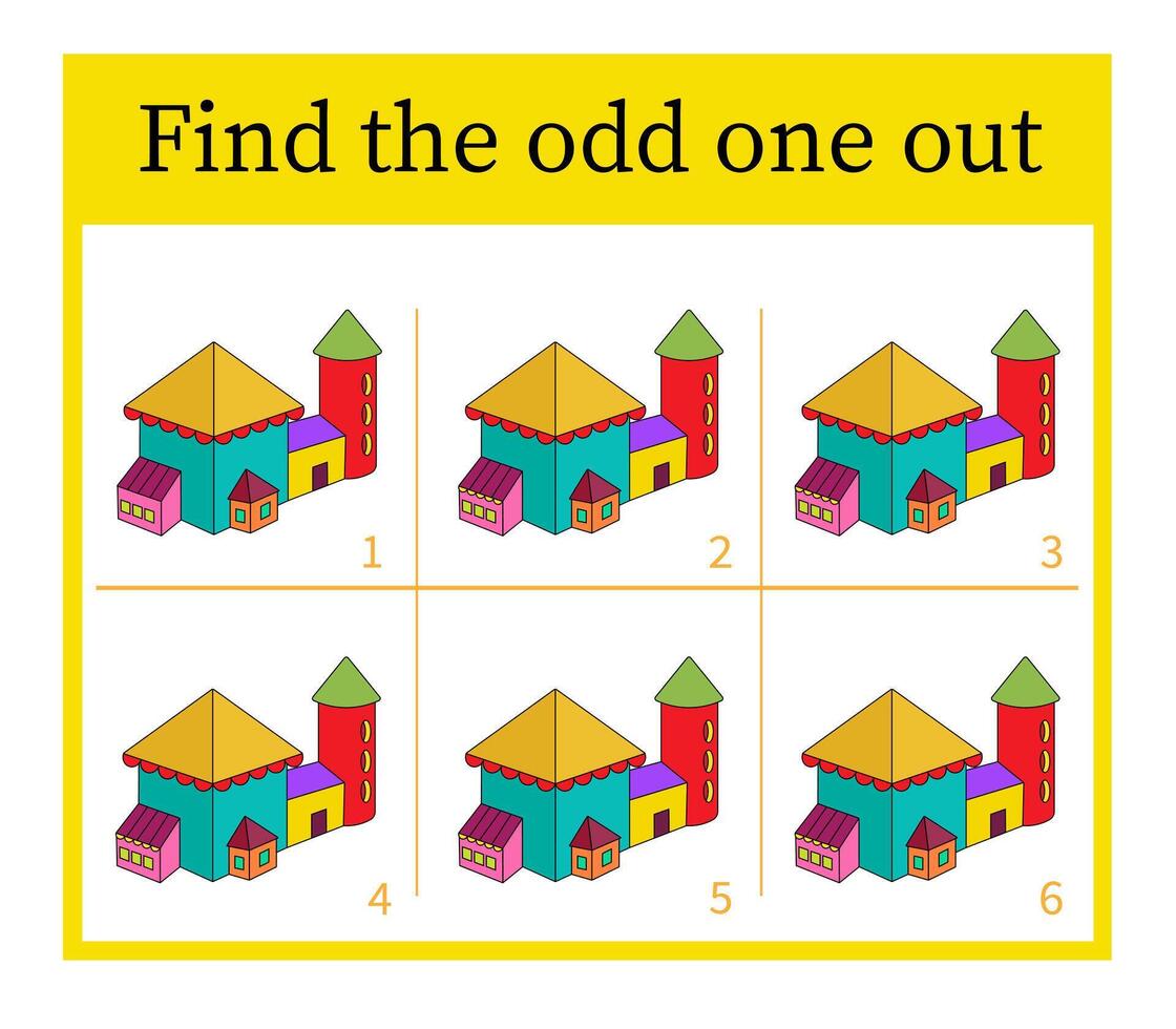 Puzzle game for children. Attention task. Kids activity page. Cartoon building. Answer is 1. vector