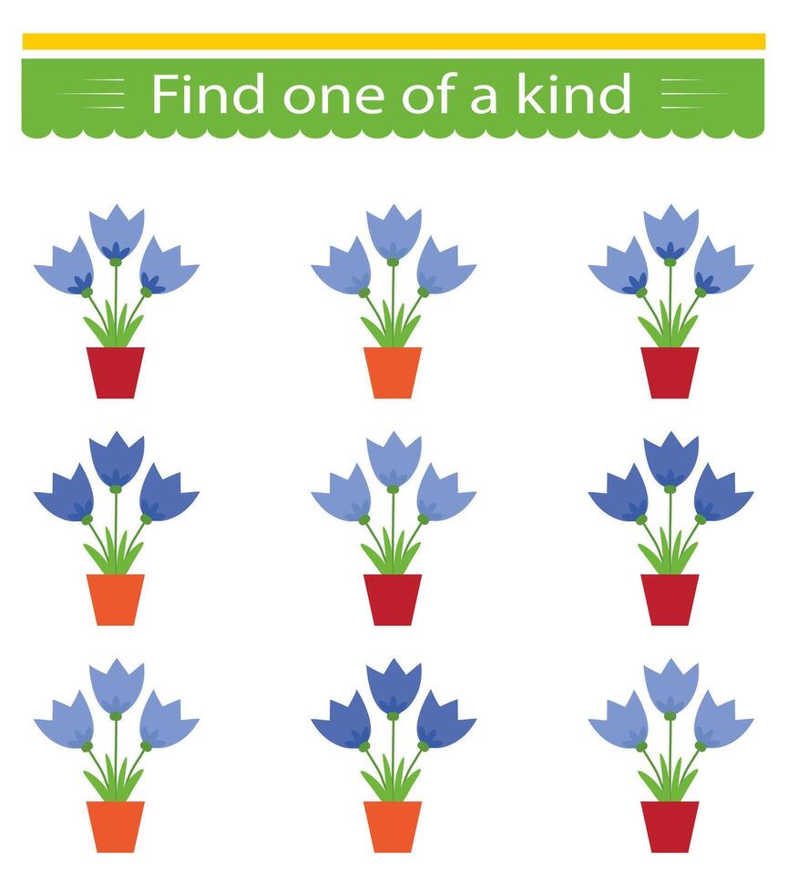 Educational game for kids. Need to find one of a kind flower pot. Visual intelligence. vector