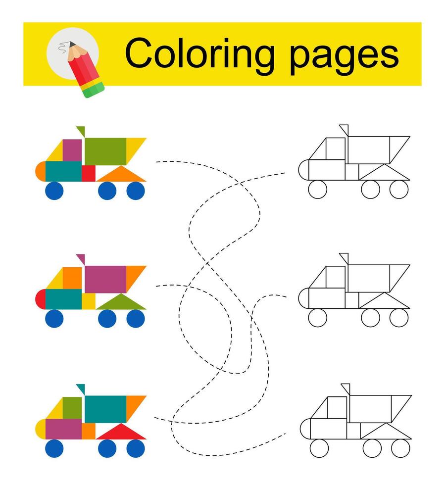Educational game for kids. Go through the maze and color a cartoon dump truck according to the pattern. vector
