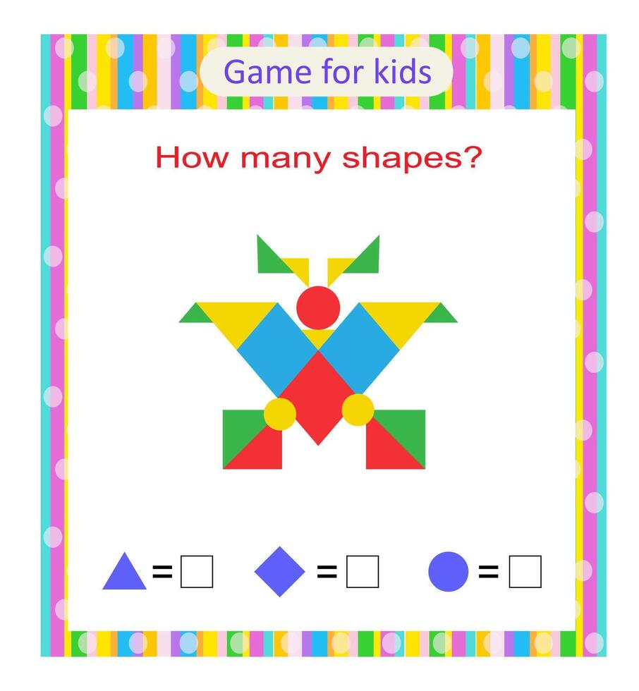 Math activity for kids. How many geometric shapes Developing numeracy skills. vector