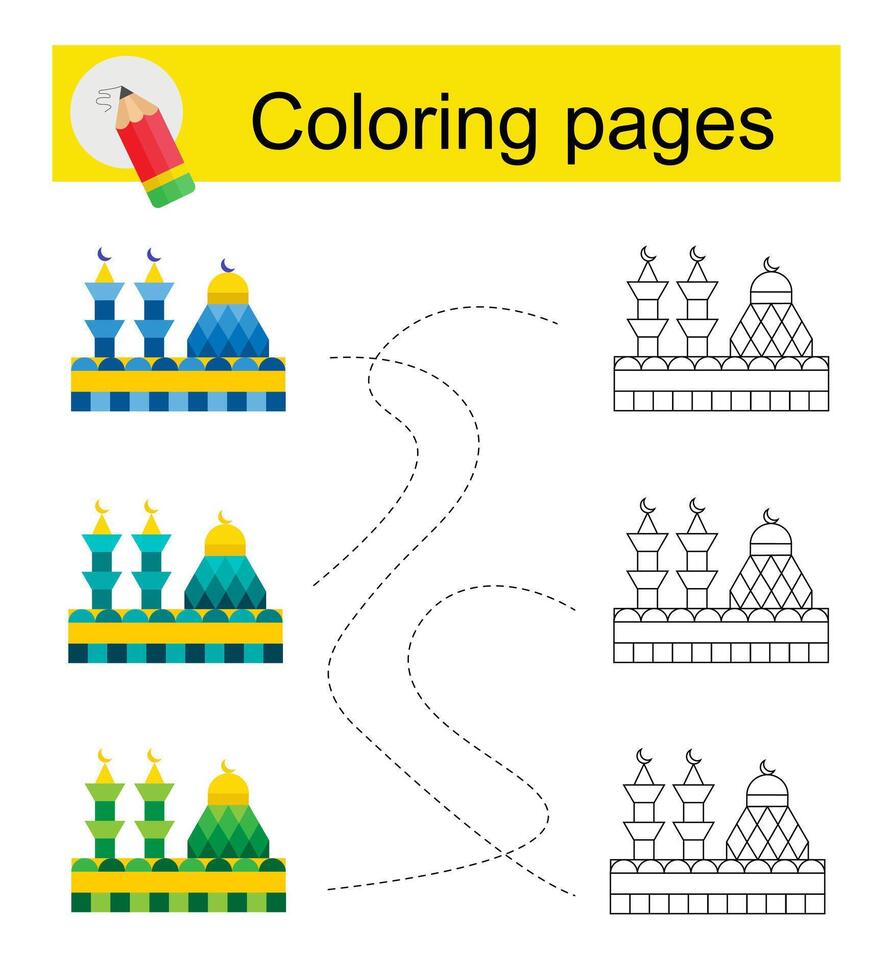 Educational game for kids. Go through the maze and color a cartoon mosque according to the pattern. vector