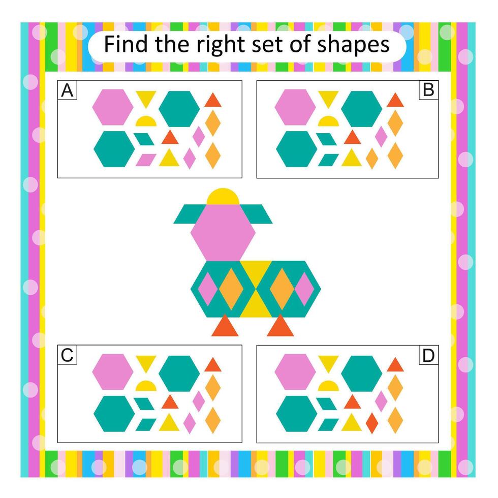 Logic puzzle for kids. Find the correct set of cartoon animal. Answer is C. vector