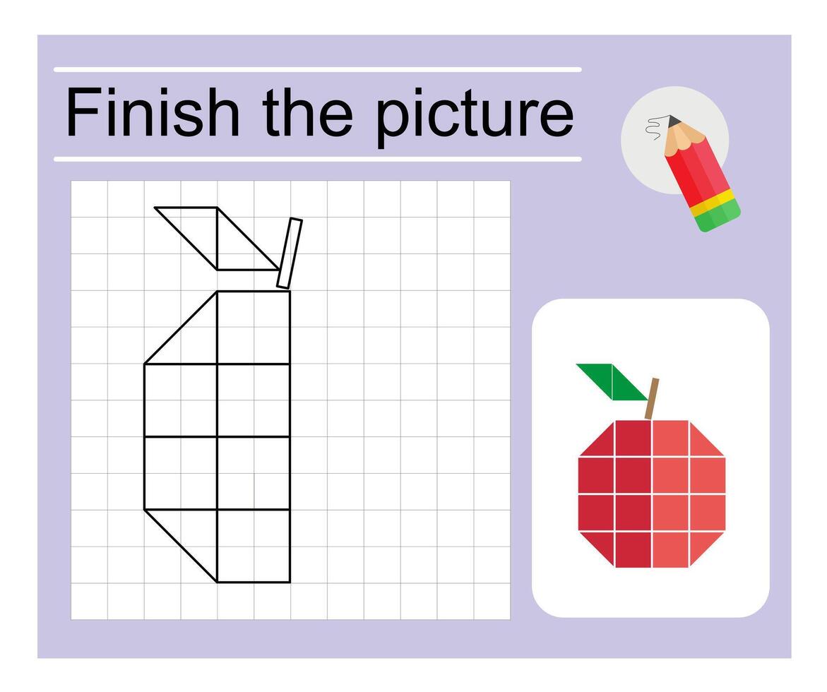 Educational game for children. Finish the picture - cartoon apple. Coloring page. vector