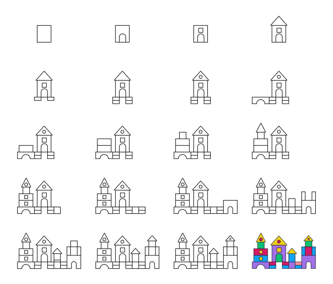 How to draw step by step Worksheet easy guide to drawing cartoon palace. Developing kids skills for drawing and coloring. vector