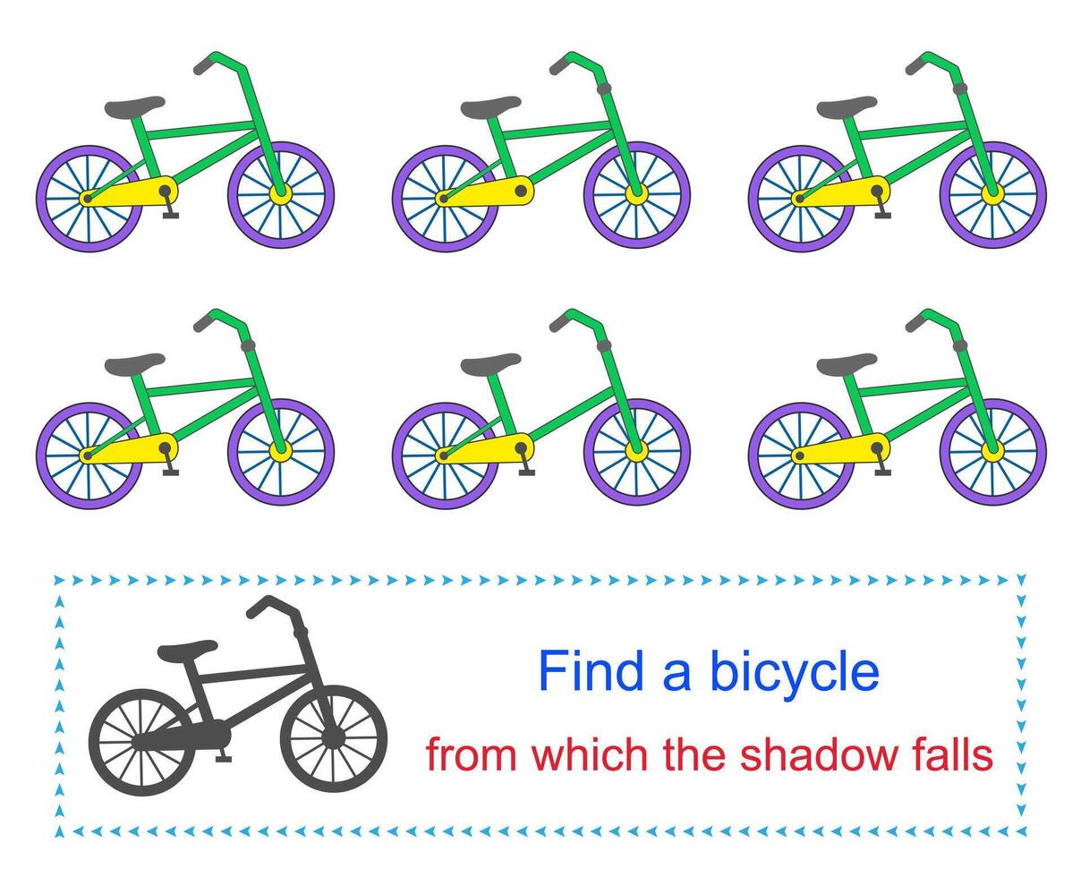 Educational game for kids. Task for attentiveness. Find a bicycle from which the shadow falls. illustration. vector