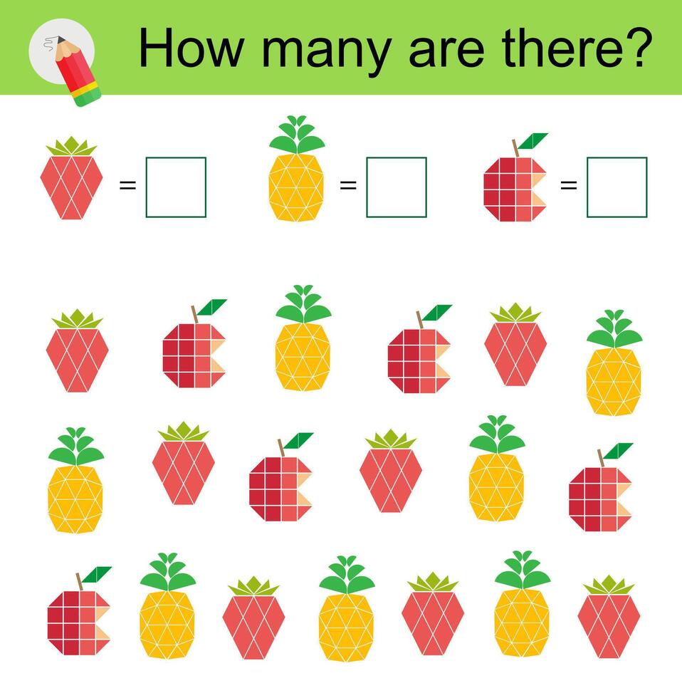 Math activity for kids. Developing numeracy skills. Cartoon strawberry, apple, pineapple. vector