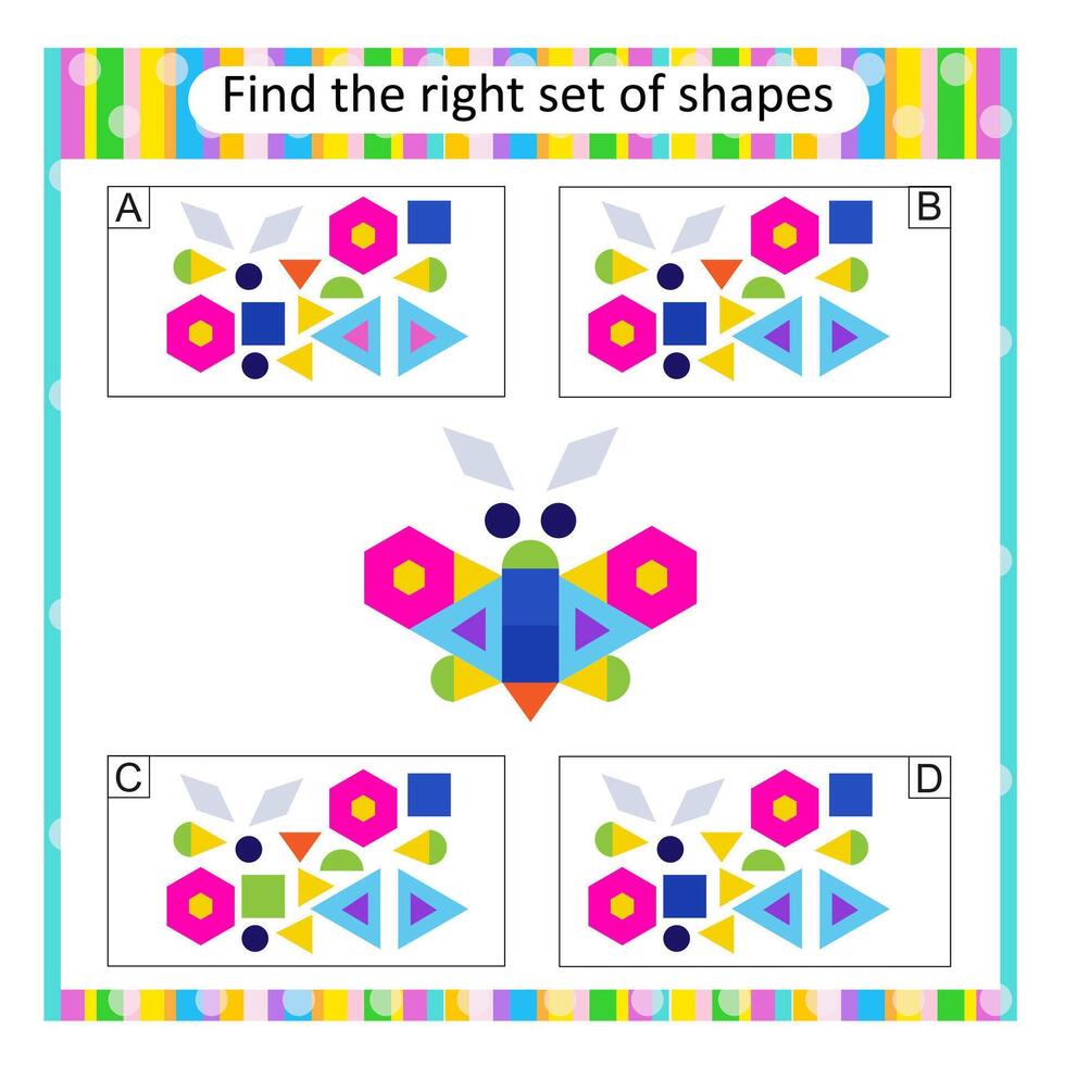 Logic puzzle for kids. Find the correct set of cartoon butterfly. Answer is B. vector