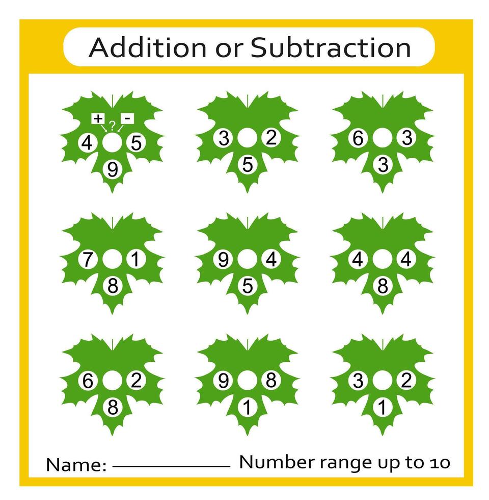 Math activity for kids. Number range up to 10. Green leaves. vector