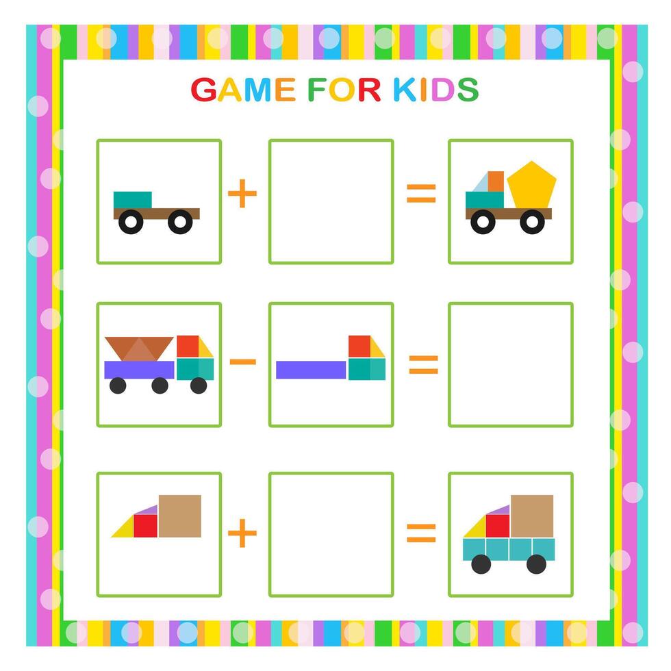 Educational game for kids. Find and draw the missing parts. Cartoon transport. vector