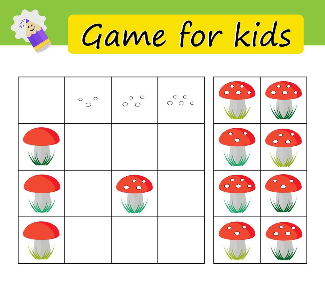 Puzzle task, game for preschool kids. Developing numeracy skills. Cartoon red fly agarics. vector