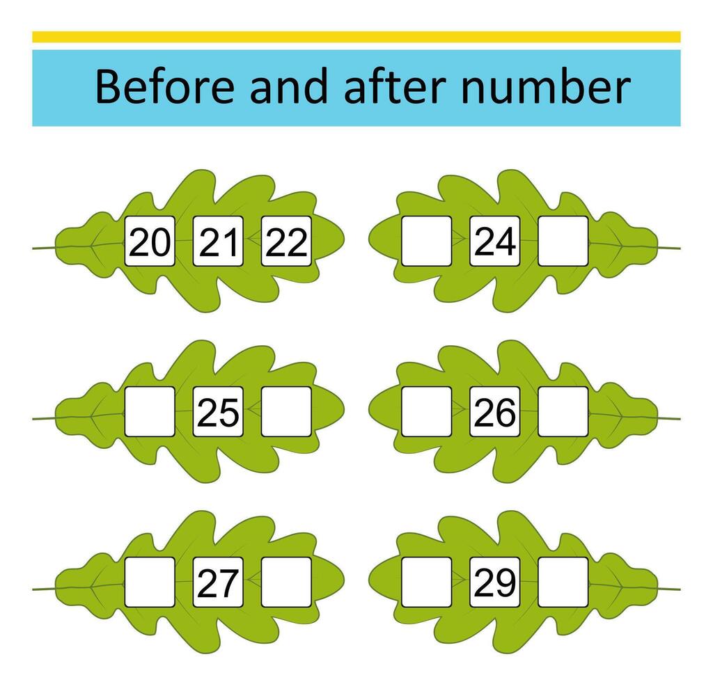 What comes Before and After. Math worksheets for kids. vector