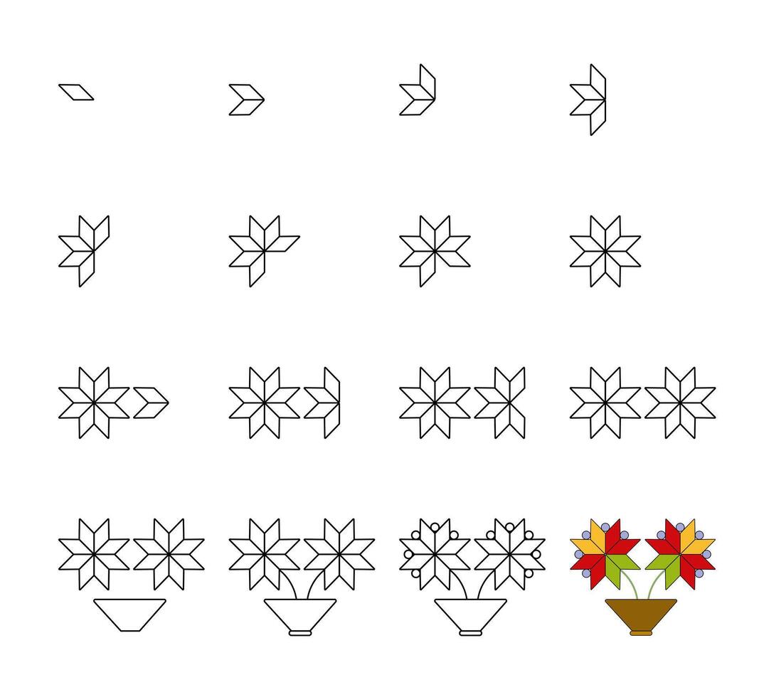 Worksheet easy guide to drawing cartoon flowers. Developing kids skills for drawing and coloring. vector