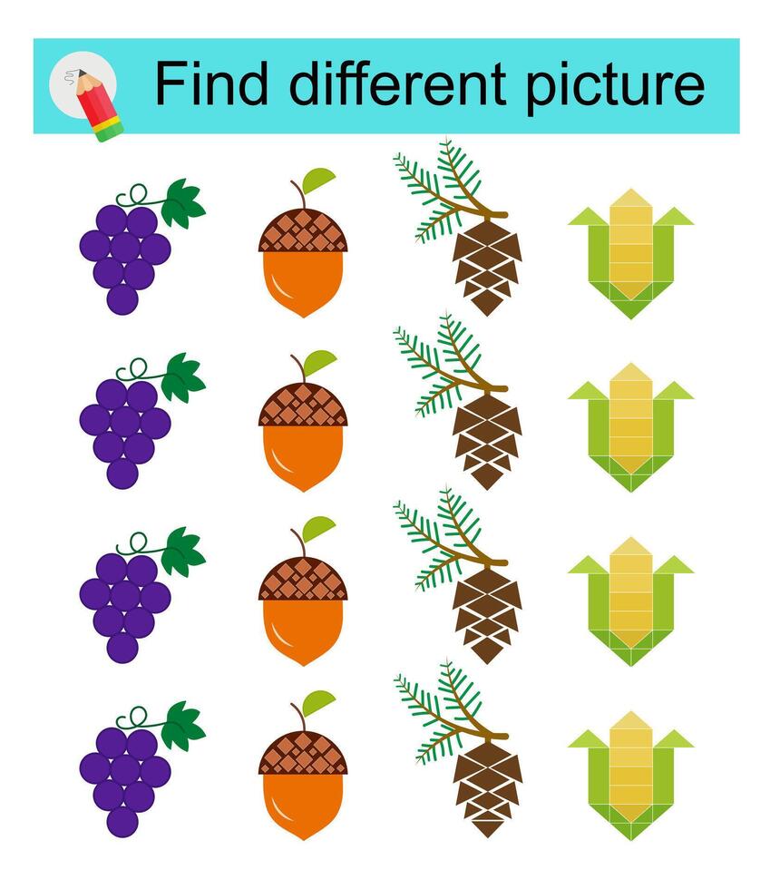 Fun puzzle game for kids. Find the odd one in the group. illustration of cartoon pine cones, acorn, grapes, corn. vector