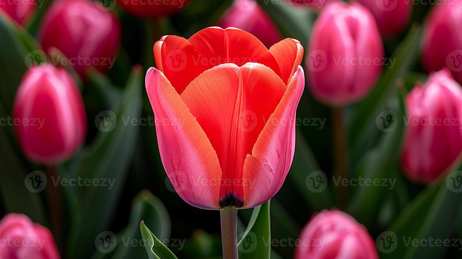 maravilloso rojo tulipán entre rosado flores en naturaleza foto