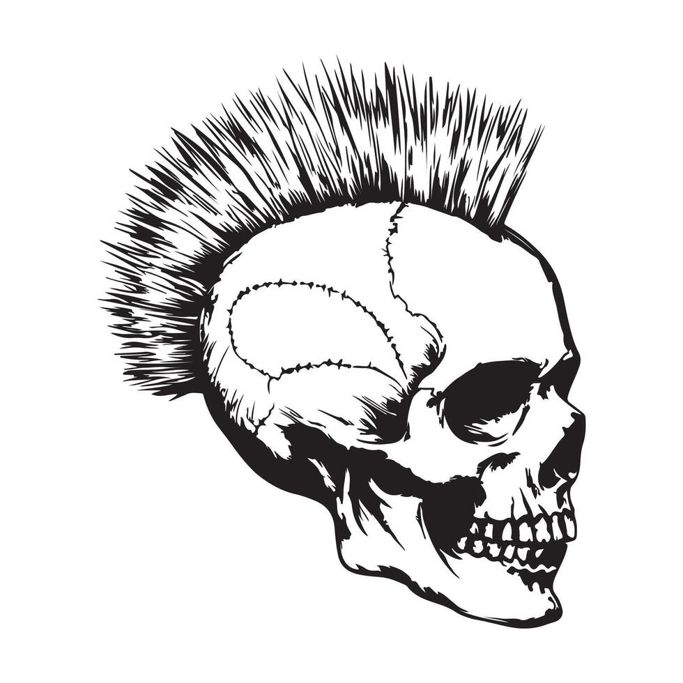 Skull Punk with Mohawk hair hand drawn image illustration on white background. vector