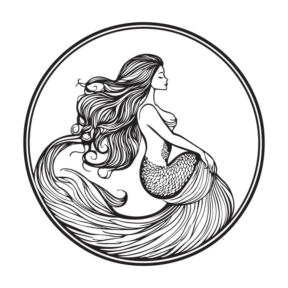 Long Haired Mermaid Sitting in the Vast Ocean Beautiful and Elegant vector