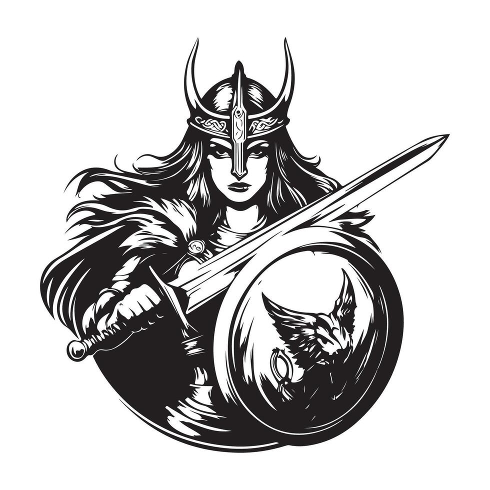 A Female Warrior With A Sword And Shield image illustration isolated on white background. vector
